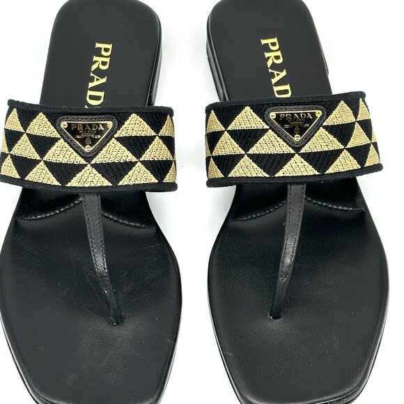 PRADA Triangular Triangle Logo Jacquard Woven T Strap Thong Flat Sandals - Picture 7 of 16